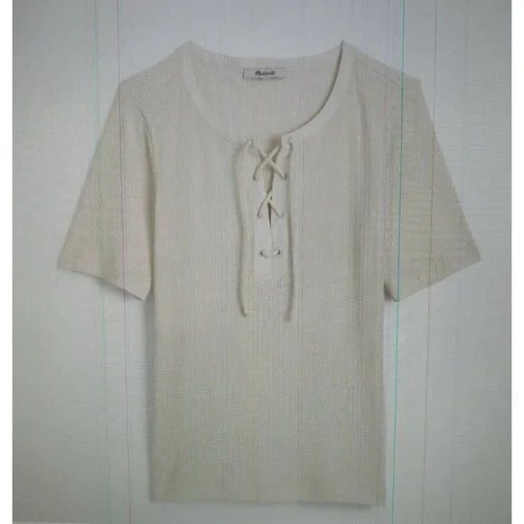 Madewell Ribbed Lace-Up Short-Sleeve Tee Ivory Size M - Picture 3 of 7